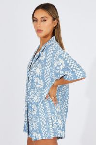 Blue Abstract Linen Shirt Short Sleeve sold by Ally Fashion