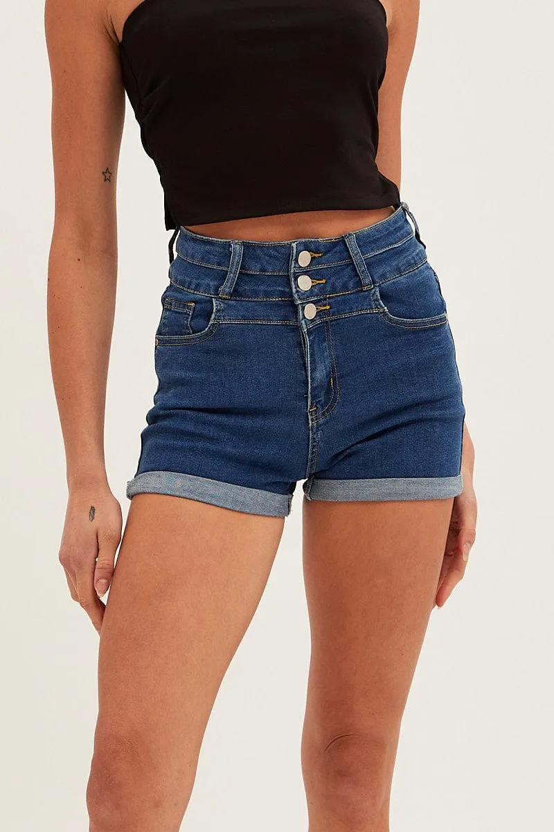 Blue High Waist 3 Button Stretch Denim Shorts sold by Ally Fashion product image thumbnail 2