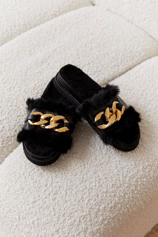 Black Faux Fur Chain Slippers sold by Ally Fashion