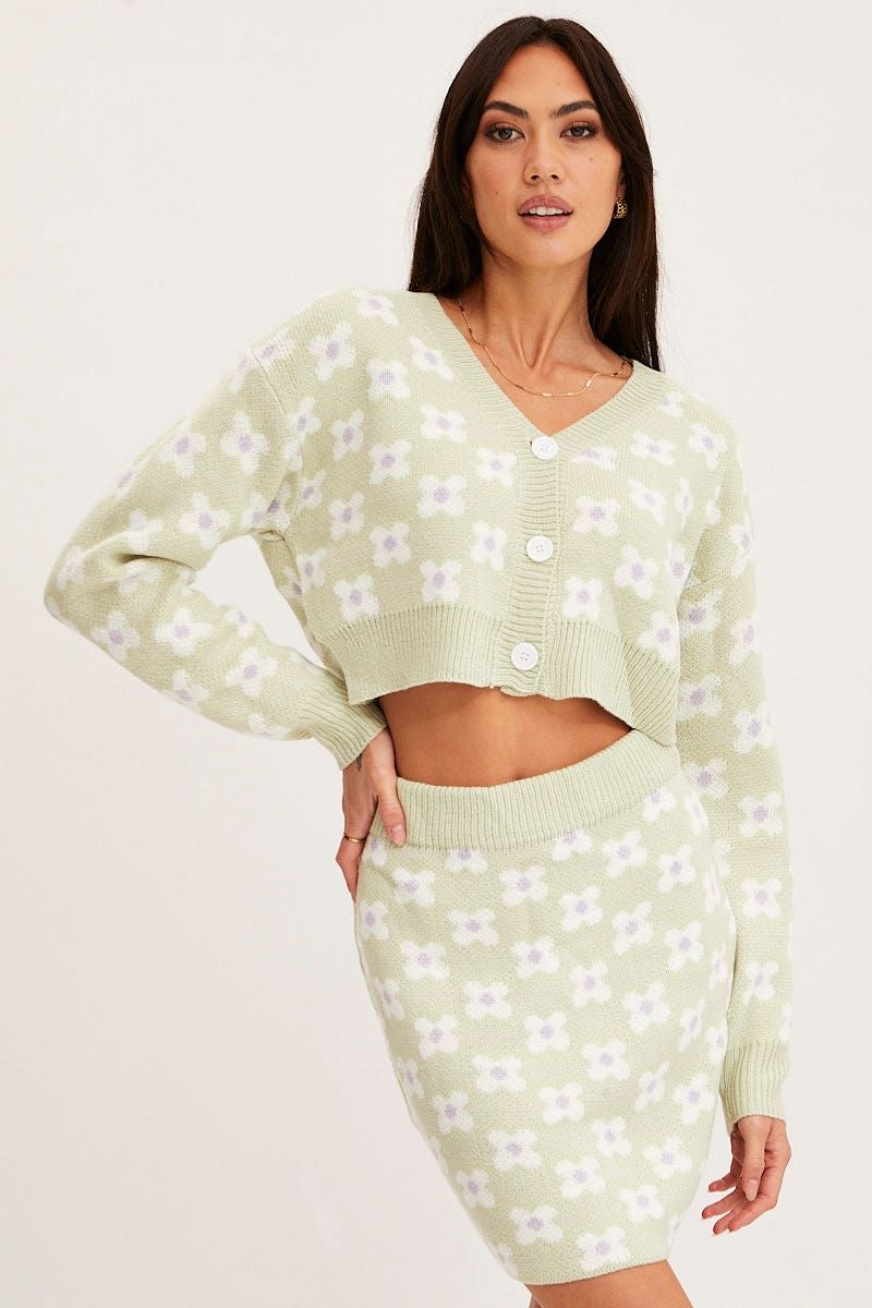 Print Knit Cardigan Long Sleeve Crop Floral sold by Ally Fashion