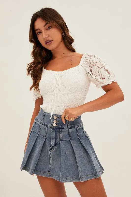 Blue Mid Rise Pleated Denim Mini Skirt sold by Ally Fashion