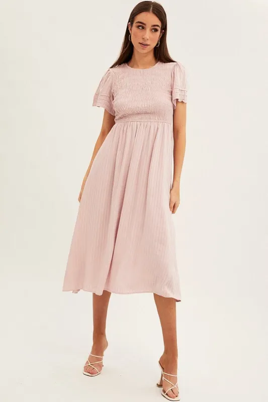 Pink Round Neck Tiered Midi Dress sold by Ally Fashion