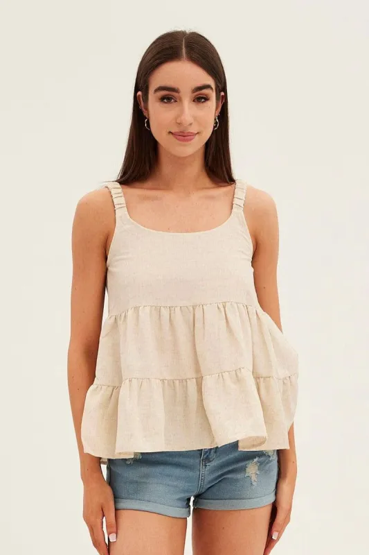 Nude Tiered Top Sleeveless Scoop Neck Linen Blend sold by Ally Fashion