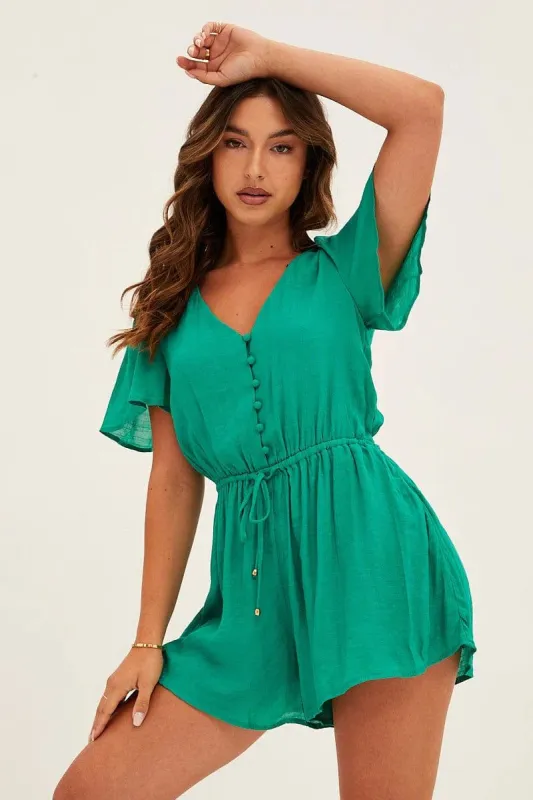 Green Mini Playsuit V Neck Short Sleeve sold by Ally Fashion