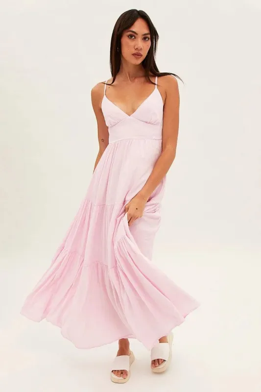 Pink Tiered Maxi Dress Sleeveless Tie Back sold by Ally Fashion