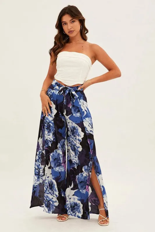 Abstract Print Pants Wide Leg High Rise Front Split sold by Ally Fashion