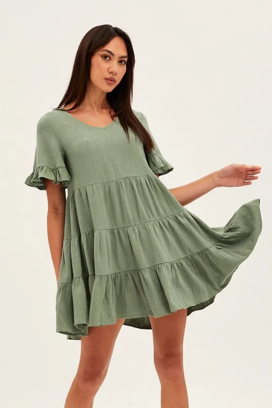 Green Relaxed Dress Short Sleeve Tiered Linen Blend sold by Ally Fashion
