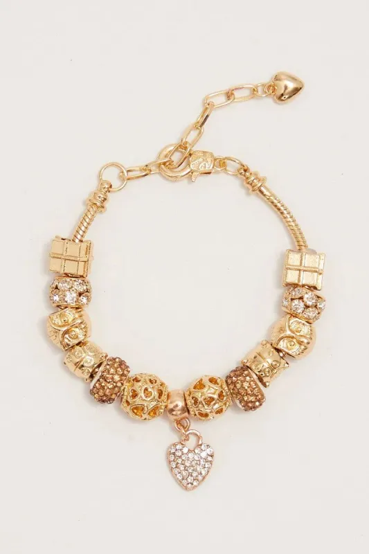 Metallic Rhinestone Heart Charm Bracelet sold by Ally Fashion