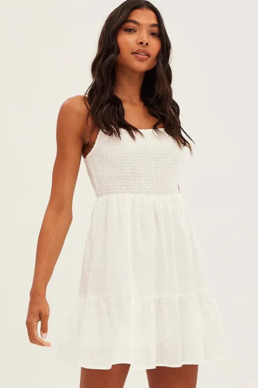 White Shirred Bodice Sleeveless Frill Hem Dress sold by Ally Fashion