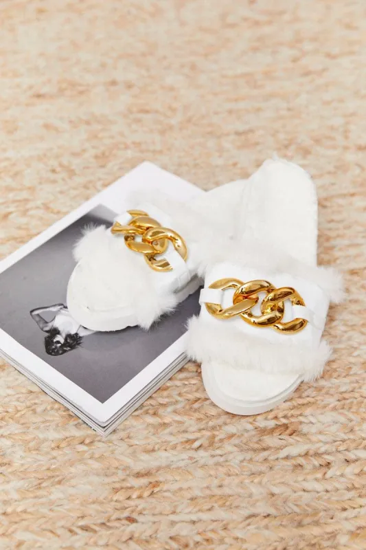 White Faux Fur Chain Slippers sold by Ally Fashion