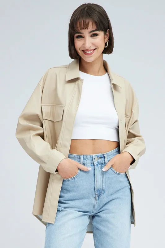 Camel Shirt Collar Long Sleeve Faux Leather sold by Ally Fashion