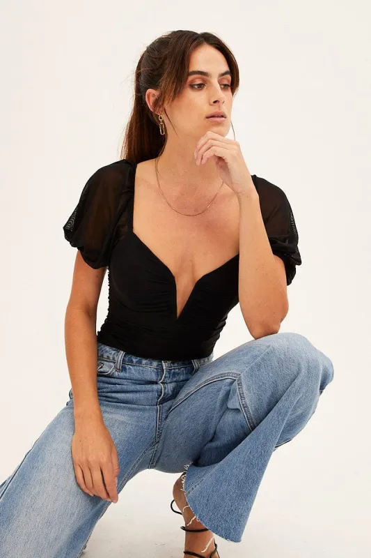 Black Bodysuit Short Sleeve V Notched Front Mesh Jersey sold by Ally Fashion