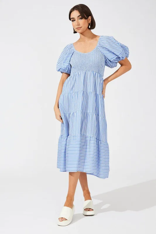 Blue Stripe Midi Dress Short Sleeve Shirred sold by Ally Fashion