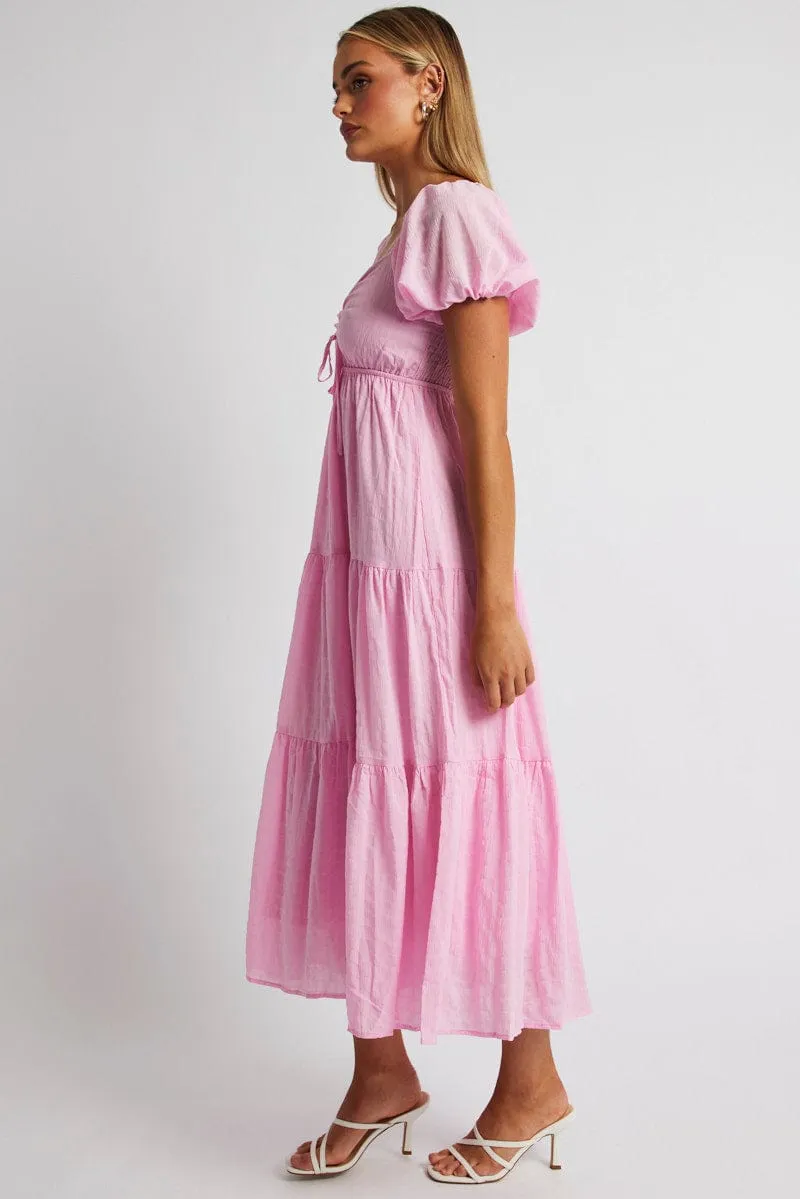 Pink Midi Dress Puff Sleeve Ruch Front sold by Ally Fashion product image thumbnail 4