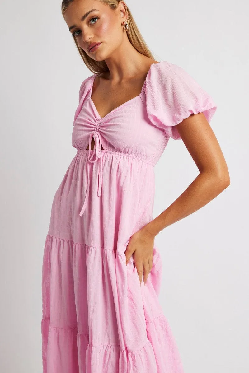 Pink Midi Dress Puff Sleeve Ruch Front sold by Ally Fashion