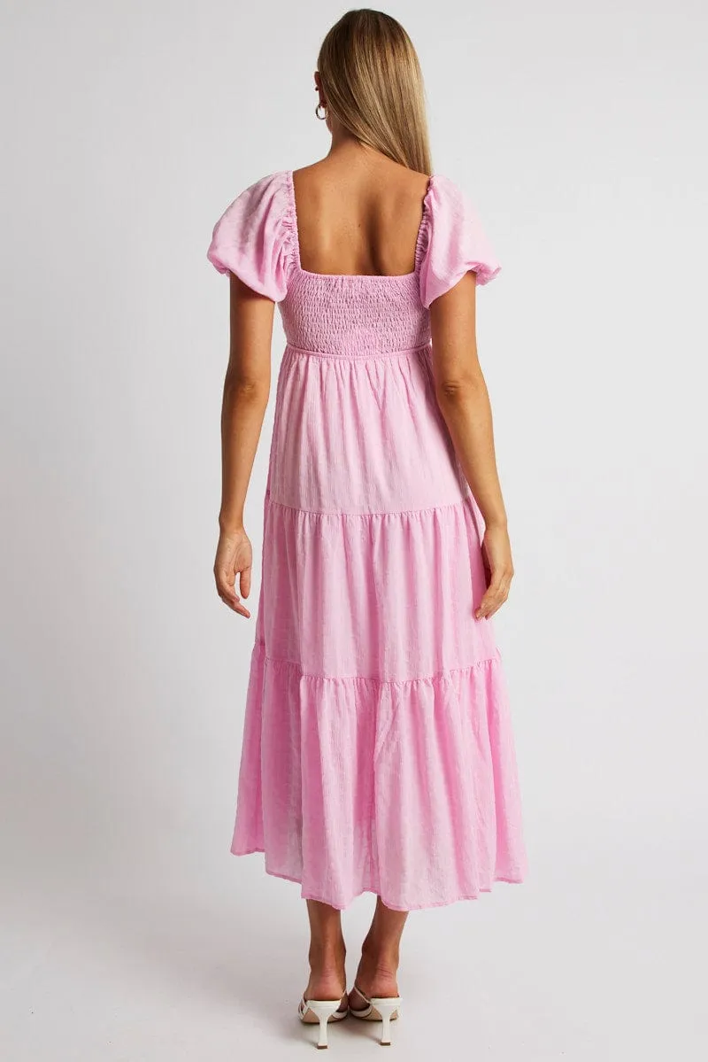 Pink Midi Dress Puff Sleeve Ruch Front sold by Ally Fashion product image thumbnail 5