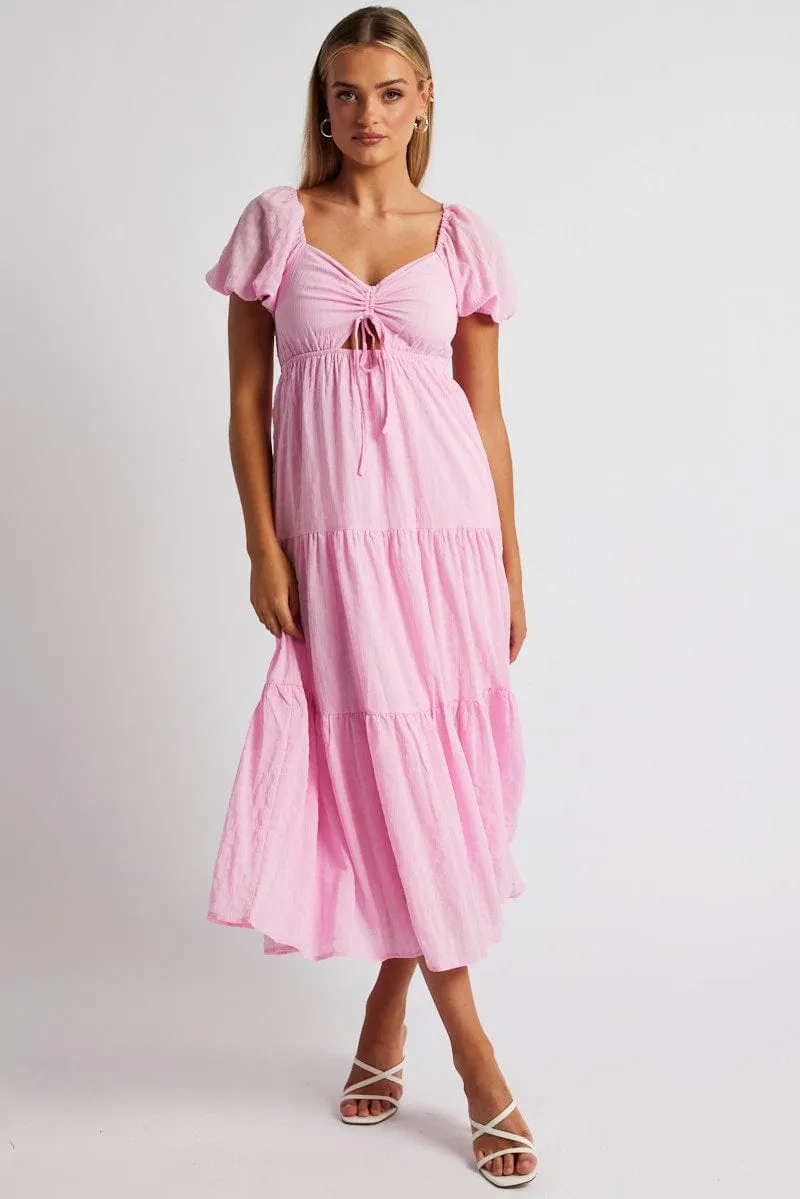 Pink Midi Dress Puff Sleeve Ruch Front sold by Ally Fashion product image thumbnail 2
