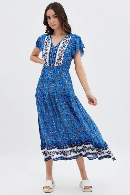 Blue Boho Bell Sleeve Midi Dress sold by Ally Fashion