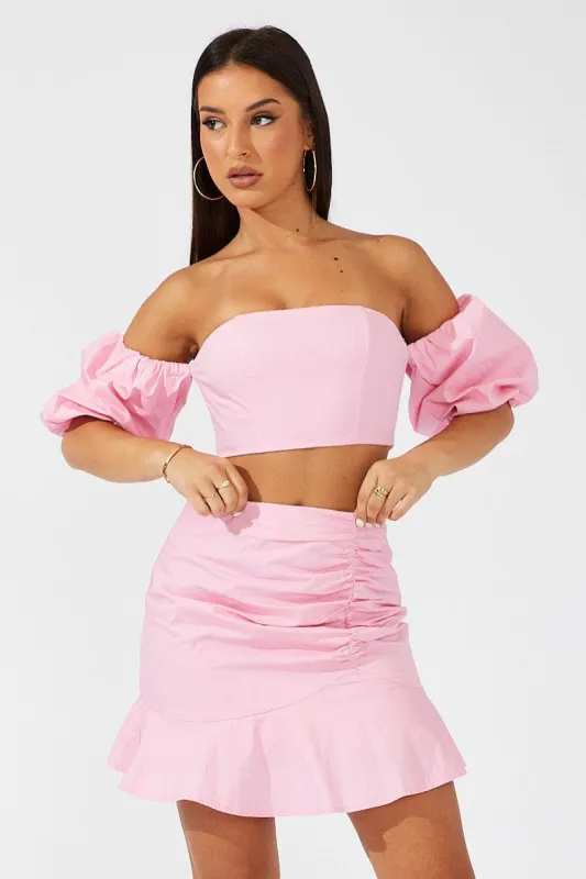 Pink Mini Skirt Ruched Detail Ruffle Hem sold by Ally Fashion