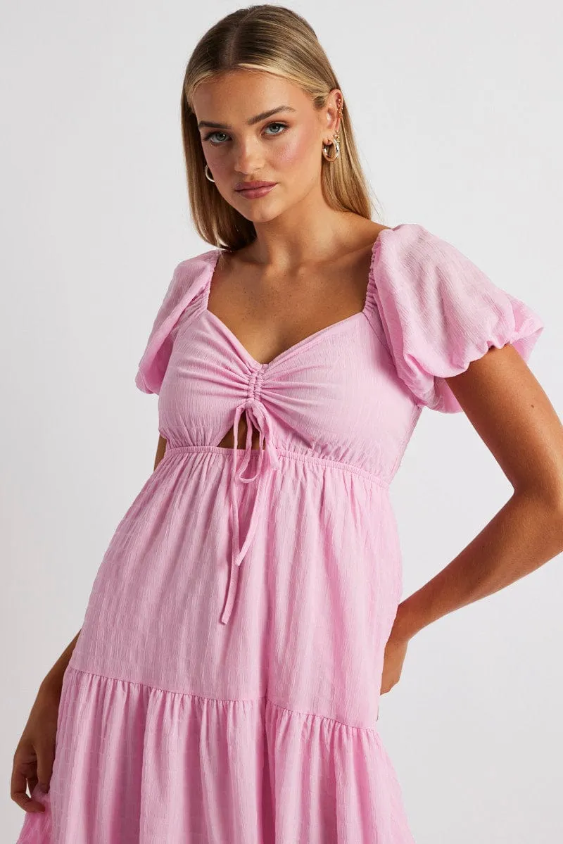 Pink Midi Dress Puff Sleeve Ruch Front sold by Ally Fashion product image thumbnail 3