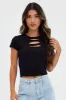 Black Crop Top Short Sleeve Crew Neck Keyhole Cotton sold by Ally Fashion