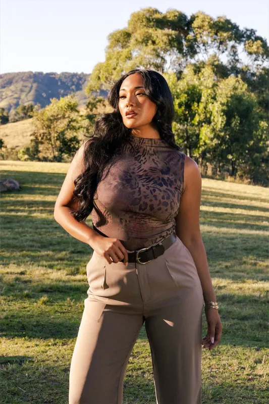 Brown Abstract Sleeveless Top Side Ruched sold by Ally Fashion