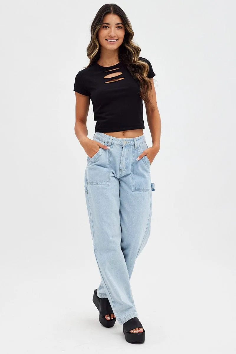 Black Crop Top Short Sleeve Crew Neck Keyhole Cotton sold by Ally Fashion product image thumbnail 2