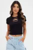 Black Crop Top Short Sleeve Crew Neck Keyhole Cotton sold by Ally Fashion
