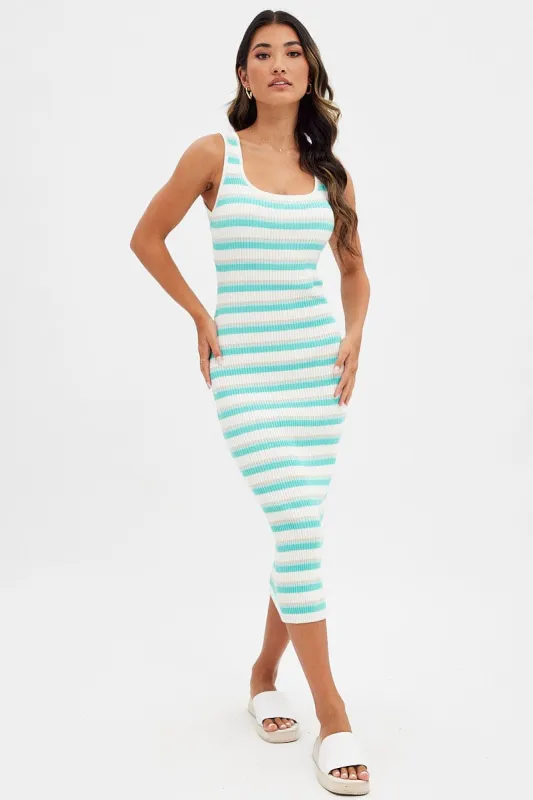 Blue Stripe Knit Dress Midi Square Neck sold by Ally Fashion