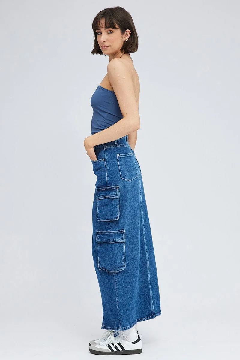 Denim Cargo Skirt Mid Rise Maxi Utility Pocket Details sold by Ally Fashion product image thumbnail 4