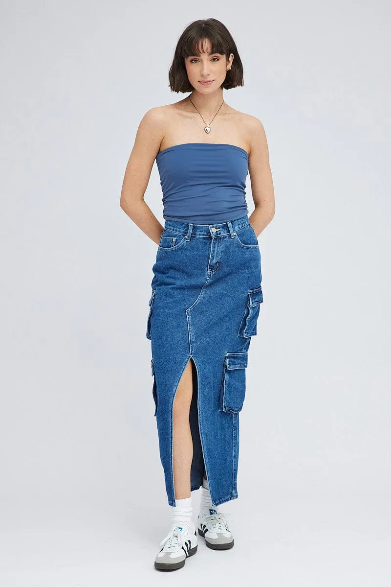 Denim Cargo Skirt Mid Rise Maxi Utility Pocket Details sold by Ally Fashion