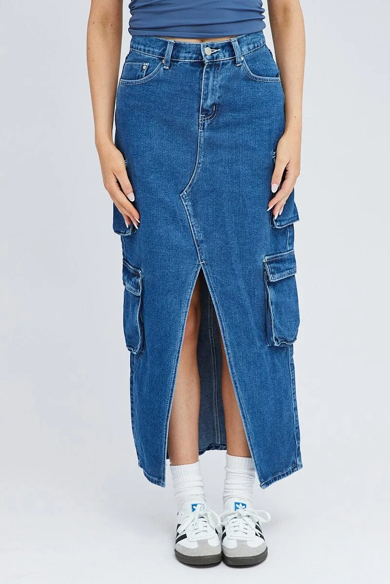 Denim Cargo Skirt Mid Rise Maxi Utility Pocket Details sold by Ally Fashion product image thumbnail 2