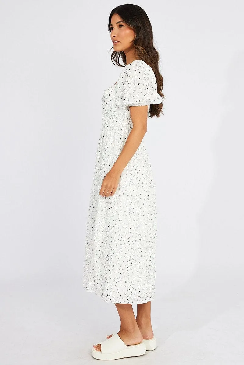 White Ditsy Midi Dress Puff Sleeve sold by Ally Fashion product image thumbnail 4