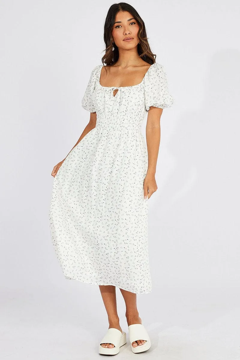 White Ditsy Midi Dress Puff Sleeve sold by Ally Fashion