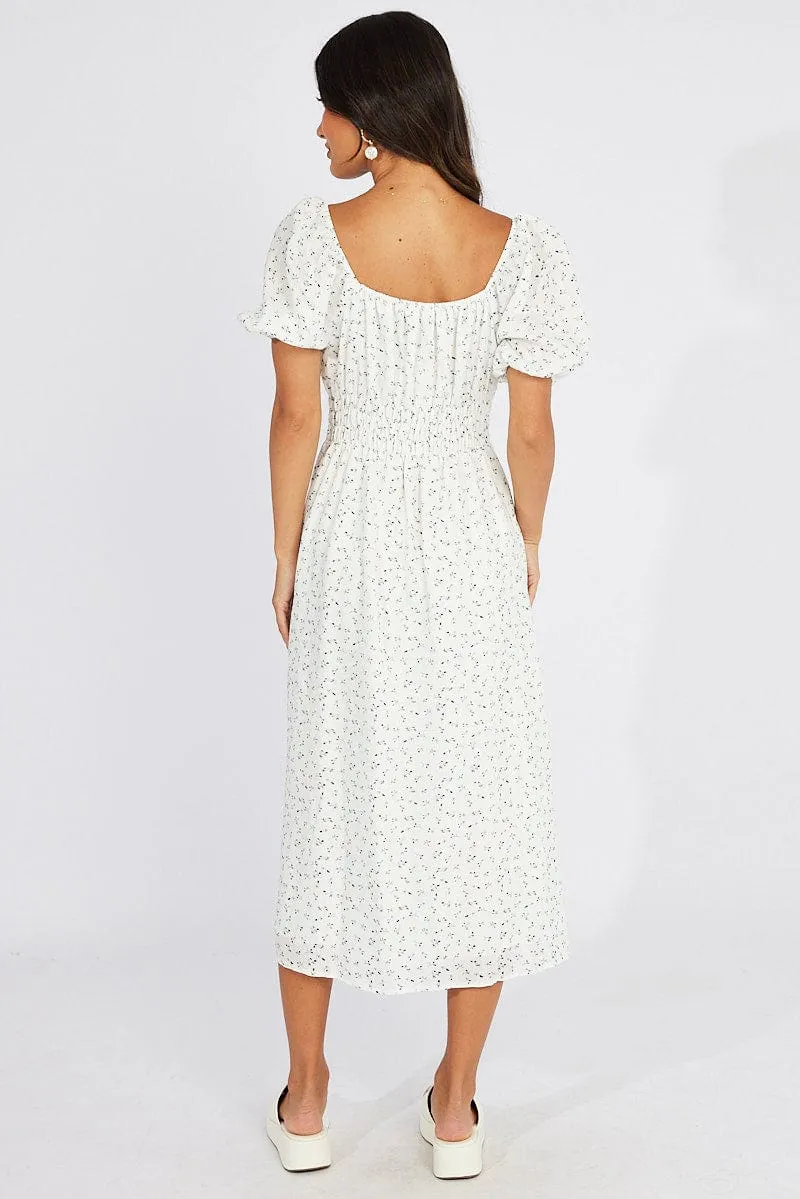 White Ditsy Midi Dress Puff Sleeve sold by Ally Fashion product image thumbnail 5