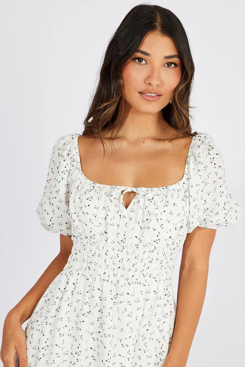 White Ditsy Midi Dress Puff Sleeve sold by Ally Fashion product image thumbnail 2