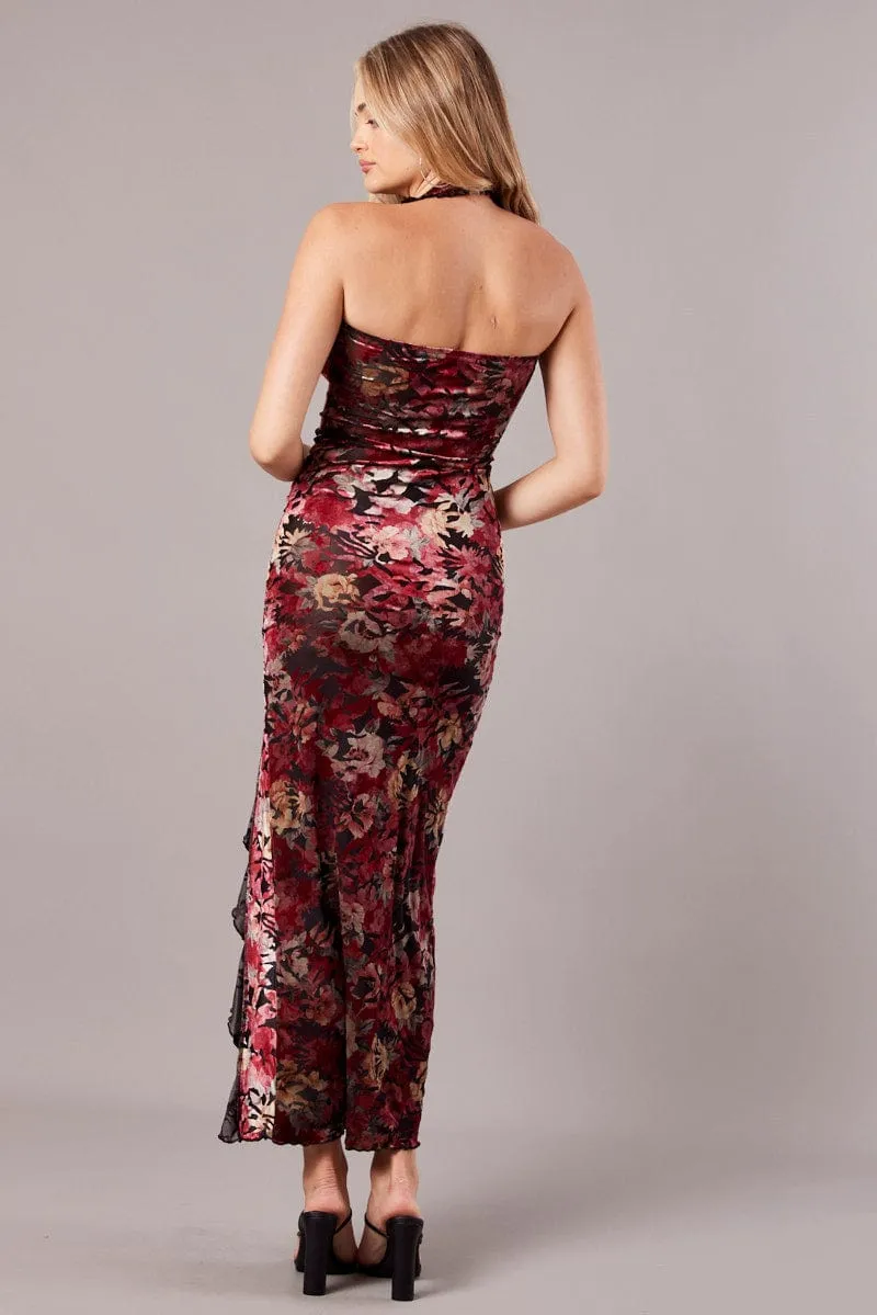 Black Floral Devore Maxi Dress Burnout Velvet Ruffle Dress sold by Ally Fashion product image thumbnail 5