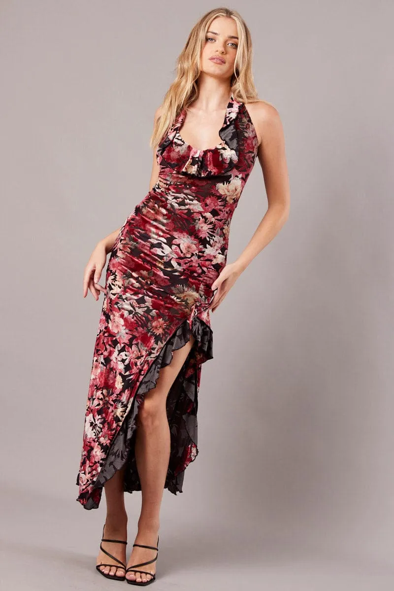 Black Floral Devore Maxi Dress Burnout Velvet Ruffle Dress sold by Ally Fashion product image thumbnail 2