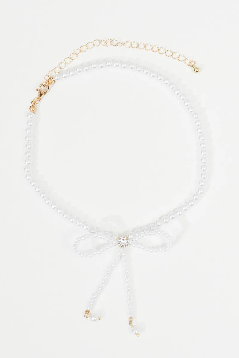 White Bow Decor Faux Pearl Beaded Necklace sold by Ally Fashion