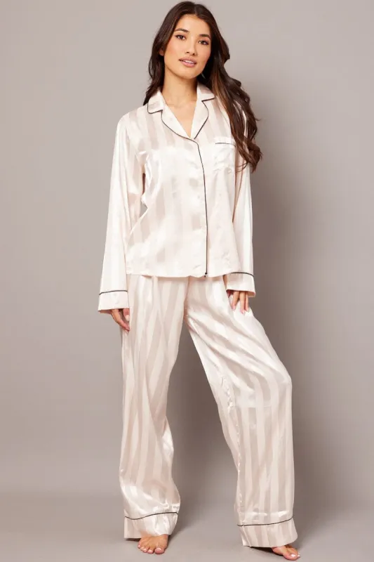 Beige Stripe Pj Set Satin Stripe Contrast Piping Pyjama sold by Ally Fashion