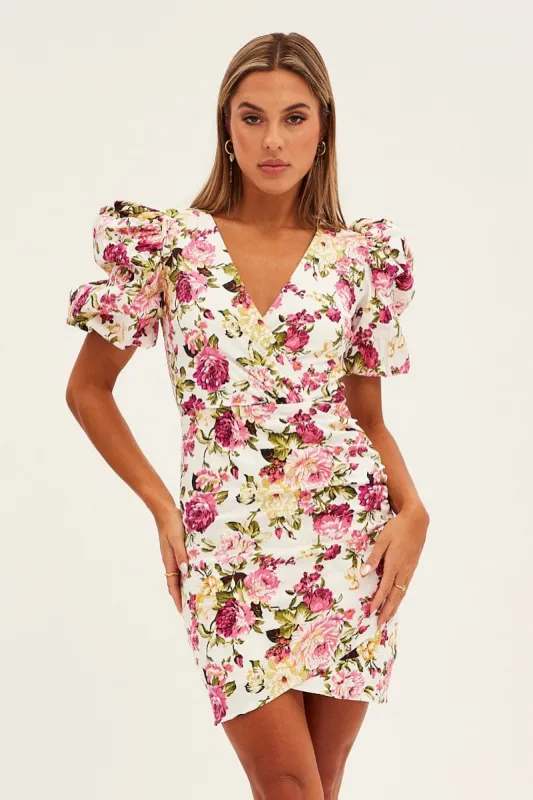 White Floral Mini Dress Puff Sleeve V-Neck sold by Ally Fashion