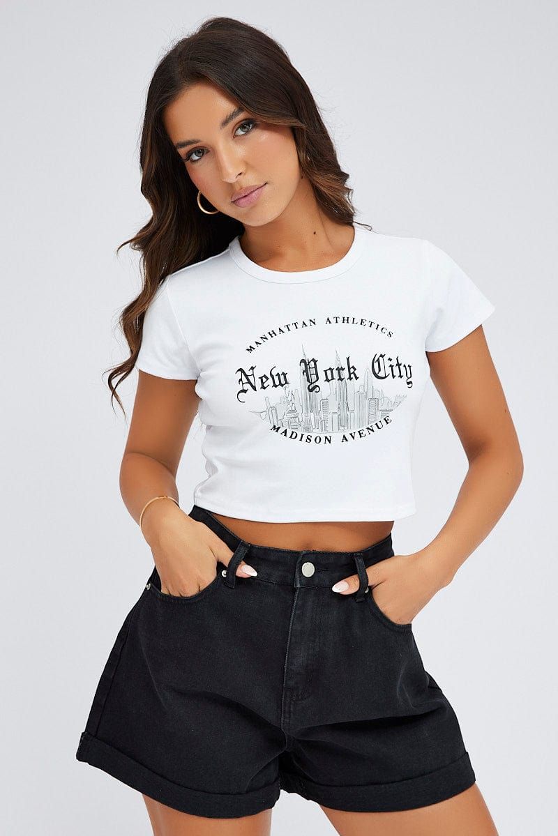 White Graphic Baby Tee Short Sleeve Round Neck sold by Ally Fashion