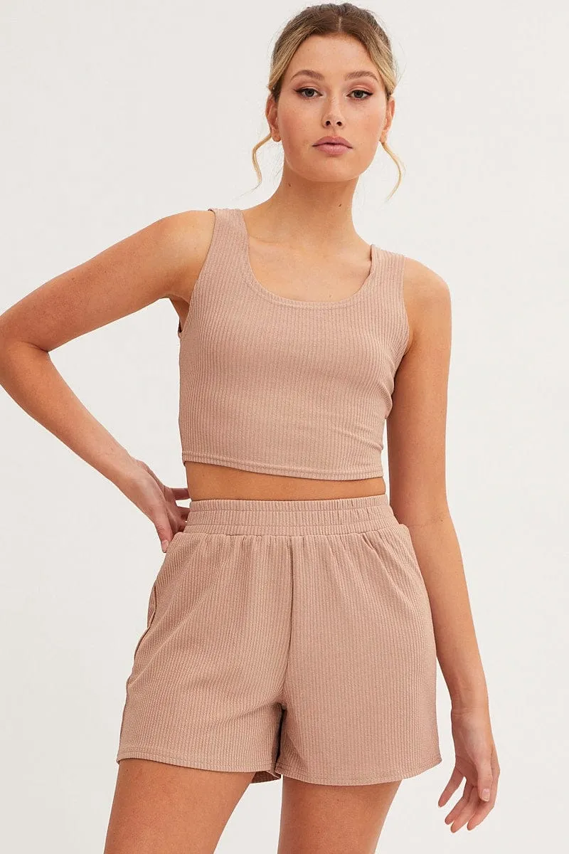 Brown Rib Jersey Crop And Shorts Set sold by Ally Fashion product image thumbnail 3