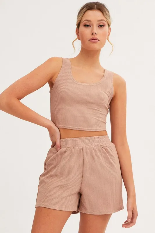 Brown Rib Jersey Crop And Shorts Set sold by Ally Fashion