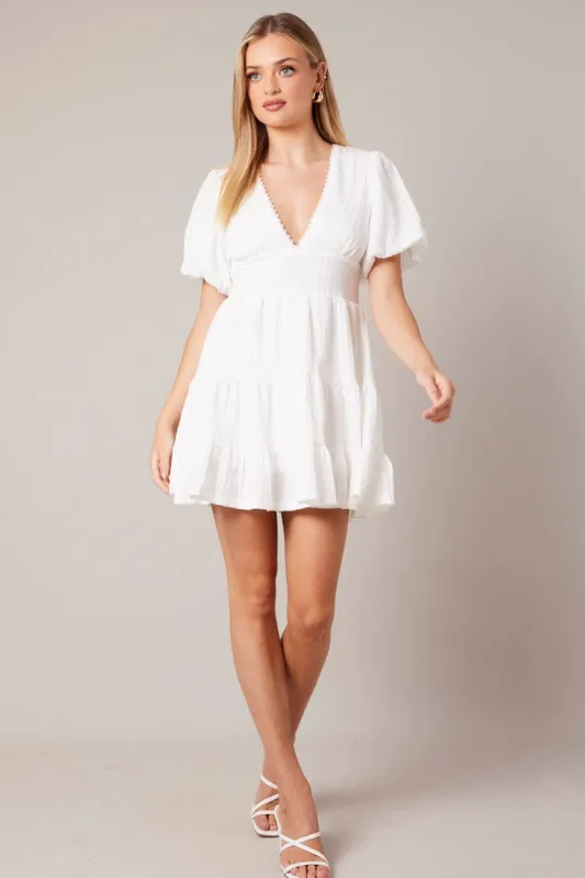 White Fit And Flare Dress Puff Sleeve sold by Ally Fashion