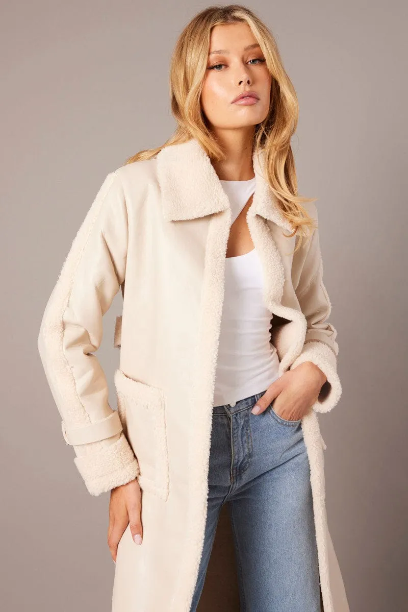 Camel Long Coat Shearling Lined Faux Leather sold by Ally Fashion