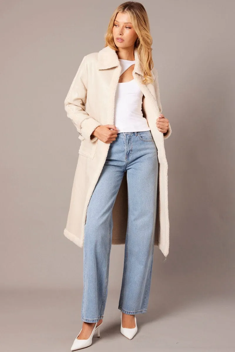 Camel Long Coat Shearling Lined Faux Leather sold by Ally Fashion product image thumbnail 2