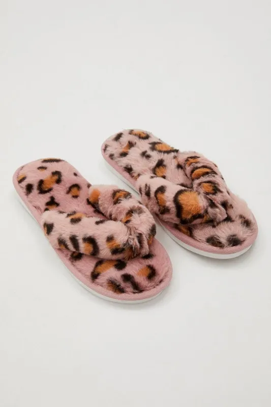 Print Plush Faux Fur Leopard Print Thong Slippers sold by Ally Fashion