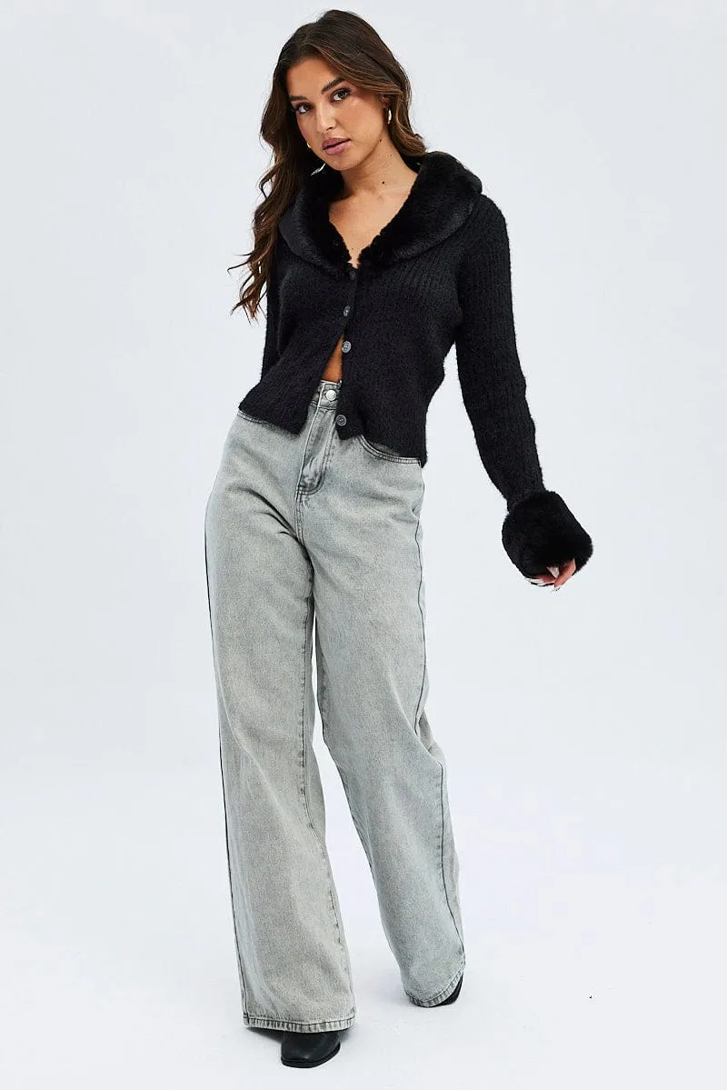 Black Knit Cardigan Fur Trim sold by Ally Fashion product image thumbnail 2