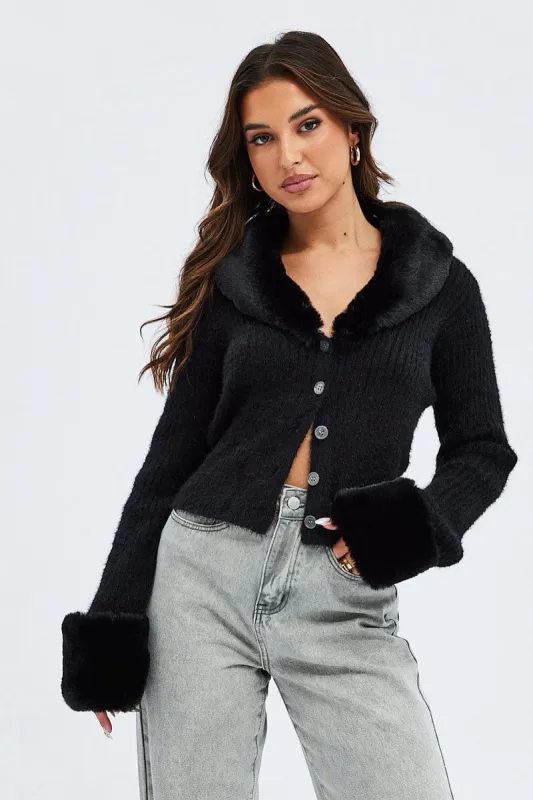 Black Knit Cardigan Fur Trim sold by Ally Fashion